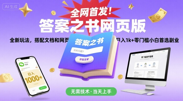 全网首发！答案之书网页版，全新玩法，搭配文档和网页，日入1k+零门槛小白首选副业【揭秘】网赚项目-副业赚钱-互联网创业-资源整合御文网赚