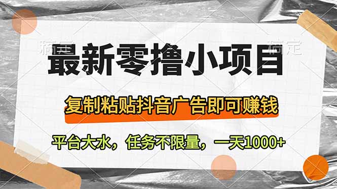 最新零撸小项目，复制粘贴抖音广告即可赚钱，平台大水，任务不限量，一…网赚项目-副业赚钱-互联网创业-资源整合御文网赚