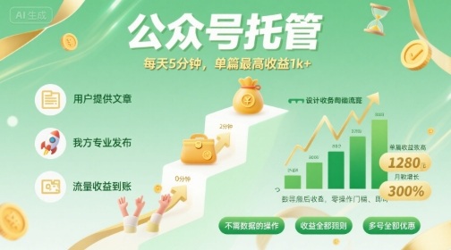 【公众号托管 】我提供文章，你发布，每天5分钟，单篇最高收益1k+【揭秘】网赚项目-副业赚钱-互联网创业-资源整合御文网赚