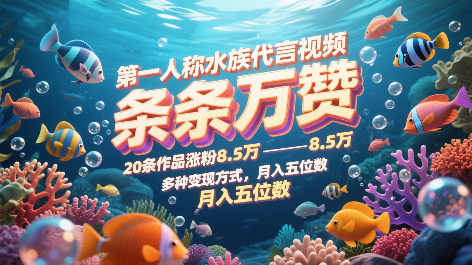第一人称水族代言视频，条条万赞，20条作品涨粉8.5万，多种变现方式月，入五位数网赚项目-副业赚钱-互联网创业-资源整合御文网赚
