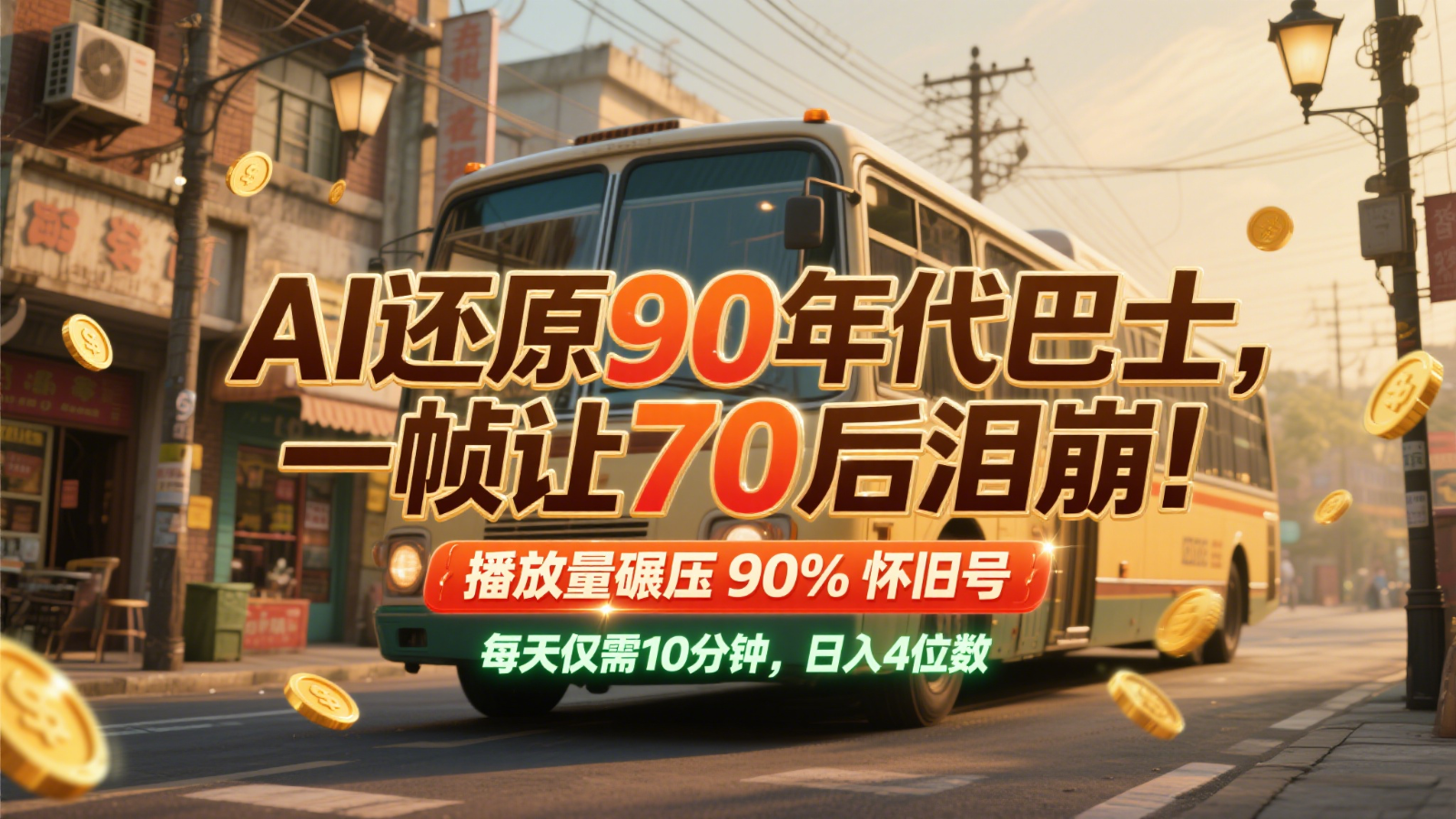 AI还原90年代巴士，一帧让70后泪崩！播放量碾压90%怀旧号，每天10分钟，日入4位数网赚项目-副业赚钱-互联网创业-资源整合御文网赚