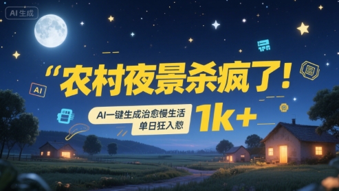 农村夜景杀疯了！AI一键生成治愈系慢生活，单日狂入1k+网赚项目-副业赚钱-互联网创业-资源整合御文网赚