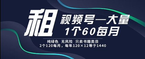 租视频号，一个60每月，2个120.纯绿色、无风险，常年租【揭秘】网赚项目-副业赚钱-互联网创业-资源整合御文网赚
