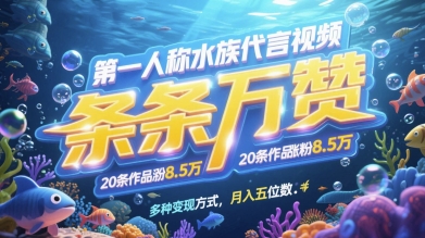 第一人称水族代言视频，条条万赞，20条作品涨粉7.8W，多种变现方式月入五位数网赚项目-副业赚钱-互联网创业-资源整合御文网赚